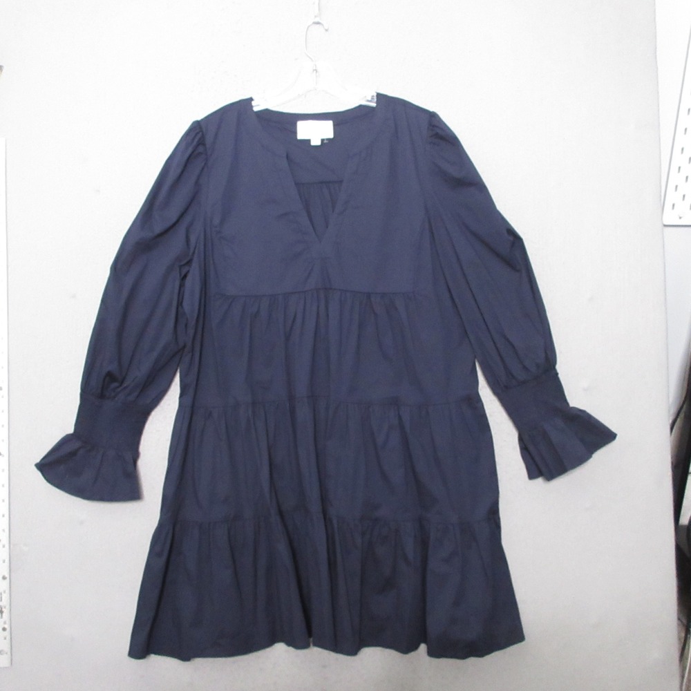 Pomander Place Kenzo Dress XXXL Blue Tiered Babydoll Smocked Cuff Cotton Poplin